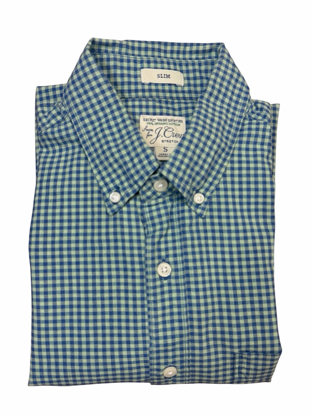 J. Crew Green & Blue Gingham Button-Down Shirt Slim Fit Stretch sz. S
